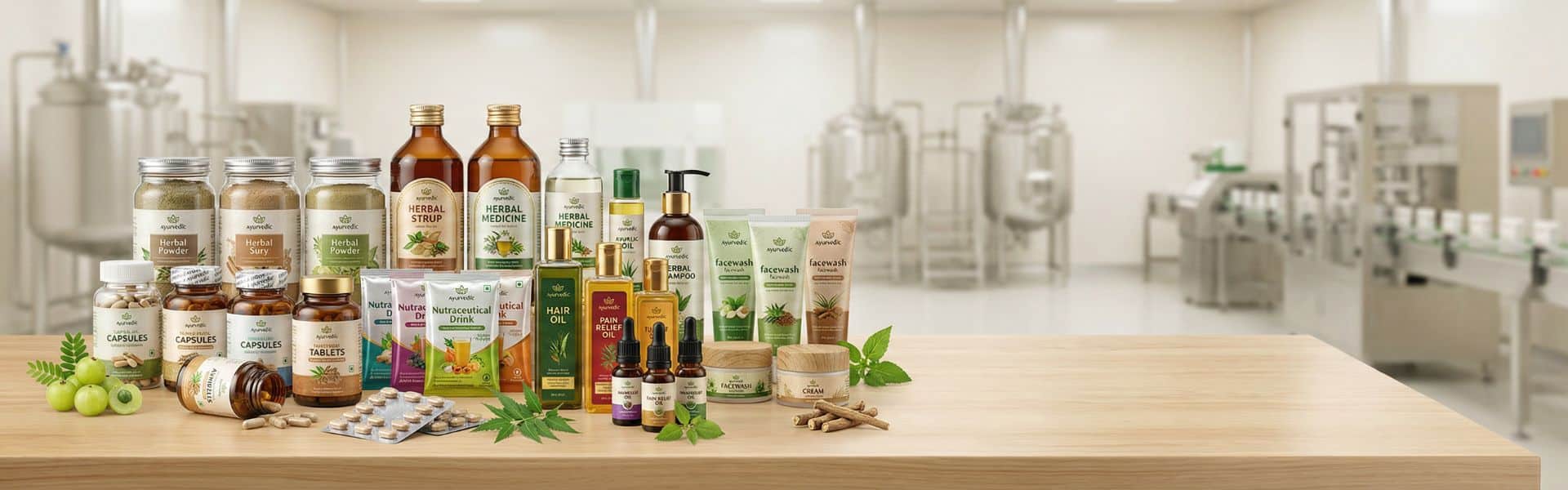 Ayurvedic products including herbal syrups, tablets, capsules, oils, skincare items, and herbal powders arranged together.