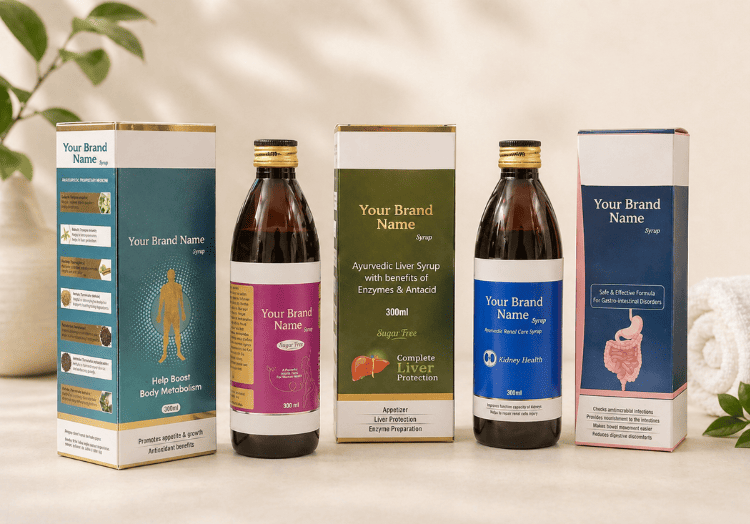 Ayurvedic syrup and suspension bottles on table