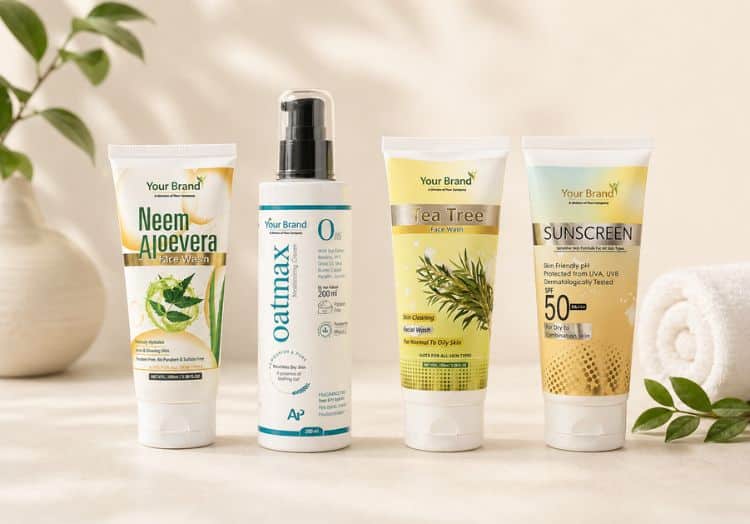 skincare products placed on table with light background