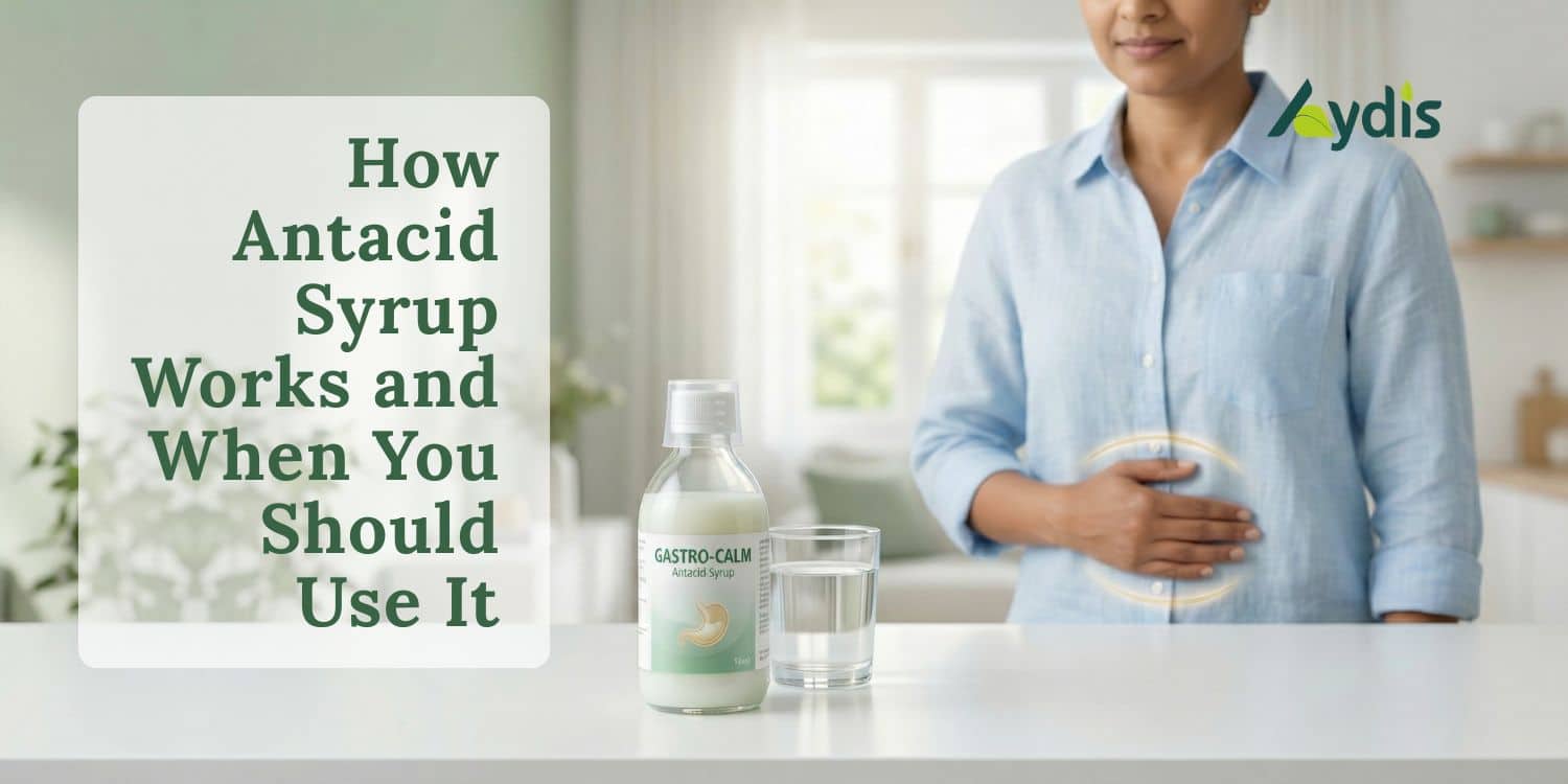 image of antacid syrup placed onto the table and a girl standing besides the table.
