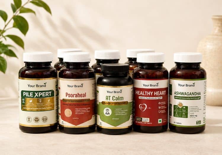 ayurvedic products pet bottles placed on the table