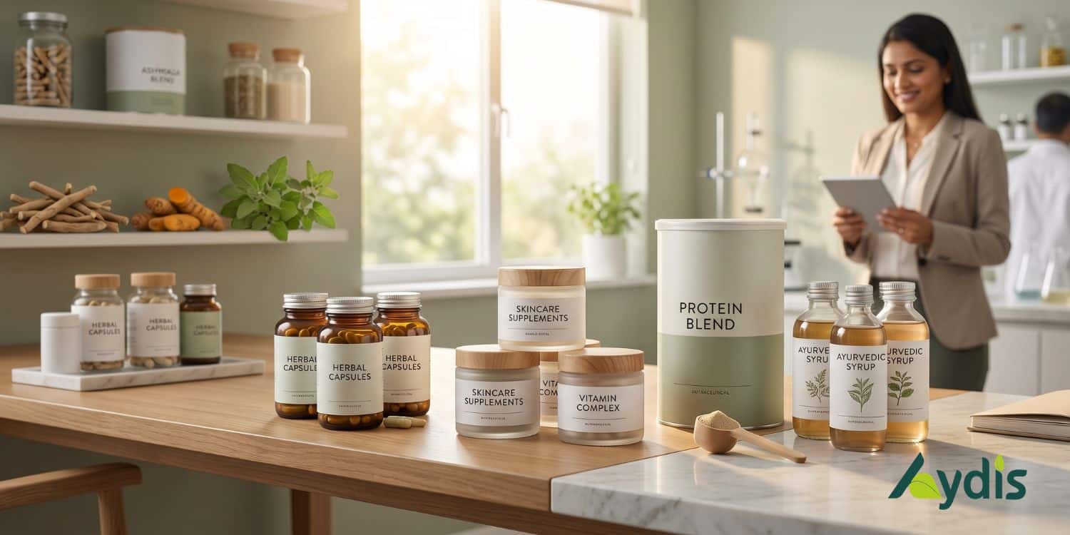 a women entrepreneur standing in room and a table full of nutraceutical products are in front of her.