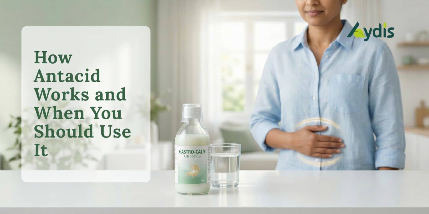 image of antacid syrup placed onto the table and a girl standing besides the table.