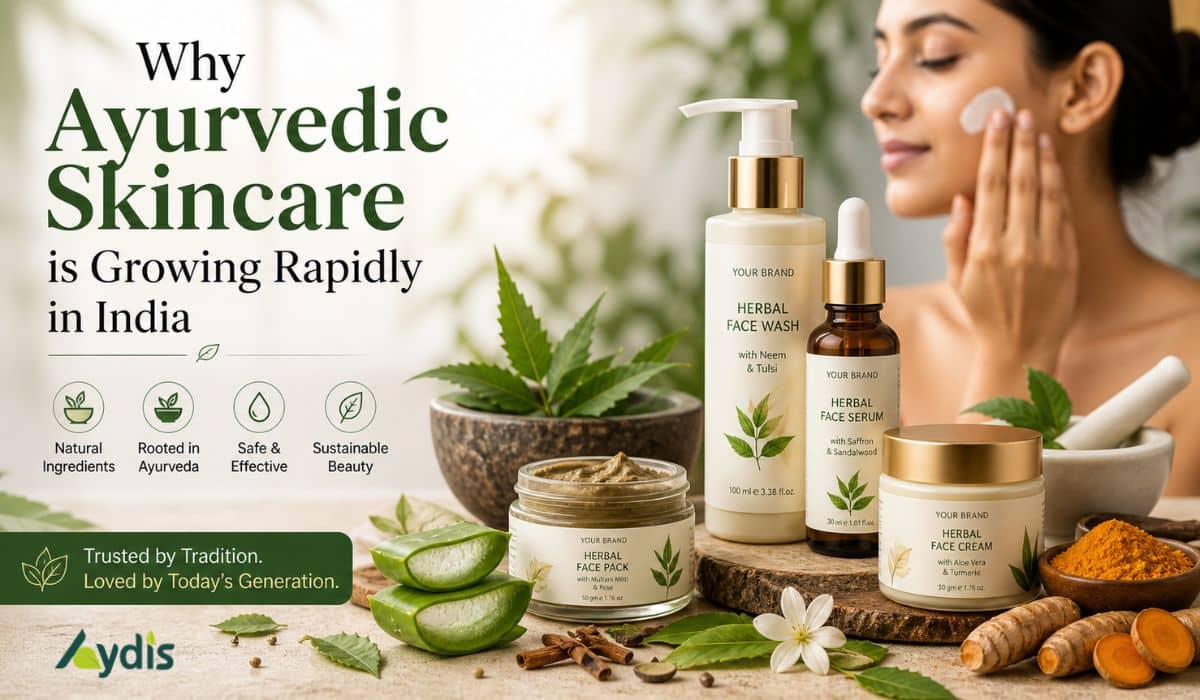 Ayurvedic skincare products with natural ingredients like aloe vera, neem, and turmeric showing growing trend of herbal beauty in India